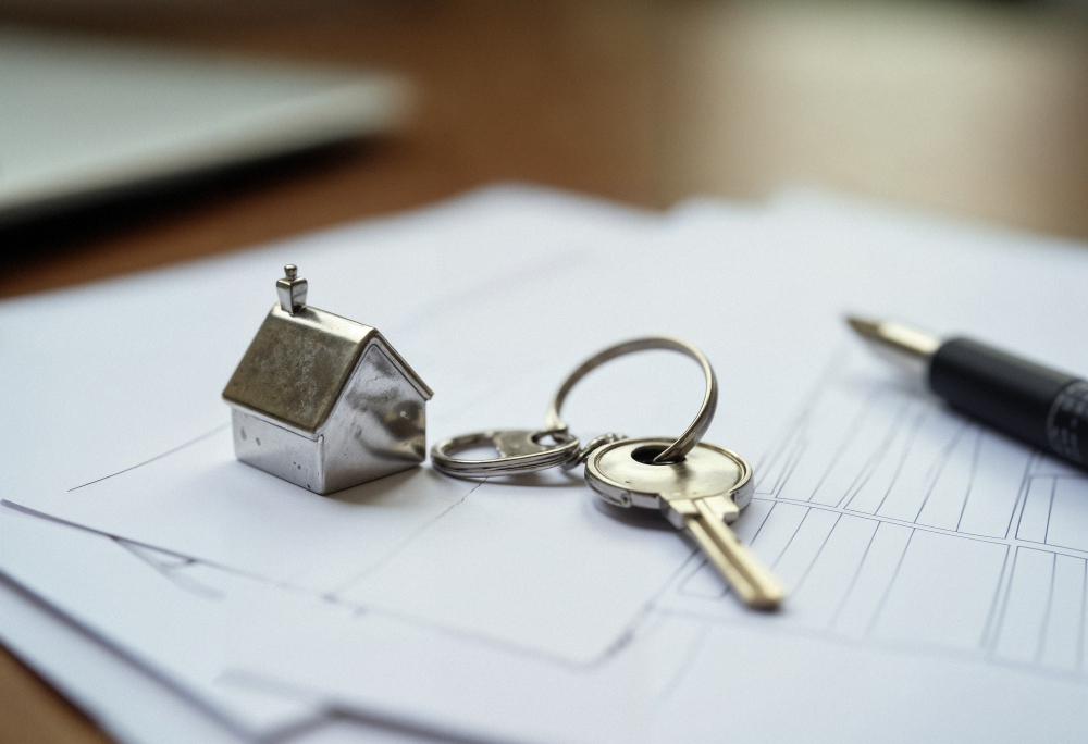 House keys and a pen resting on property transfer documents
